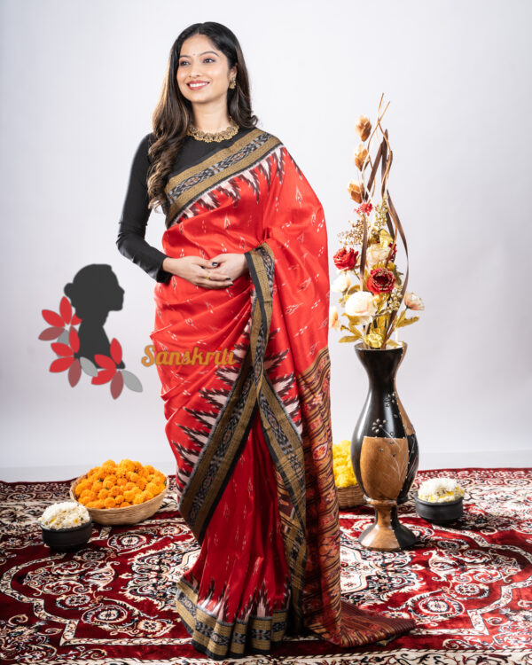 Red Maroon Black Mayura Chandrika Khandua Silk Saree