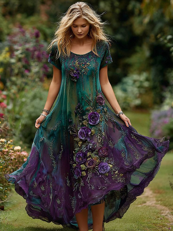 boho floral embroidery gradient women’s maxi dress